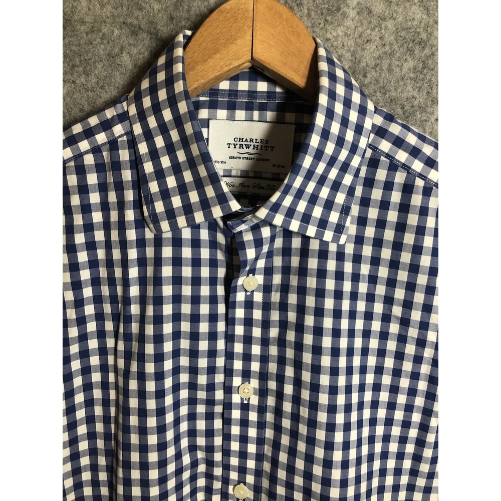 Charles Tyrwhitt Dress Shirt Mens 15.5 35 Blue Gingham Slim Fit Non-Iron Classic